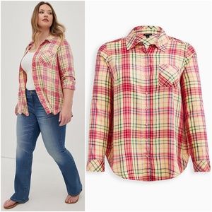 NWT Torrid 0 (L) Lizzie Button-Up Yellow & Pink Plaid Top, Large (12) Blouse